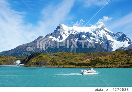 Scenic view of Pehoe lake and Salto Grande waterfall in Torres d 4270688