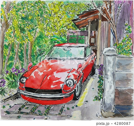 風景 水彩画 赤い車 ペンスケッチ＋水彩「赤いスポーツカー」のイラスト素材 [4280087] - PIXTA