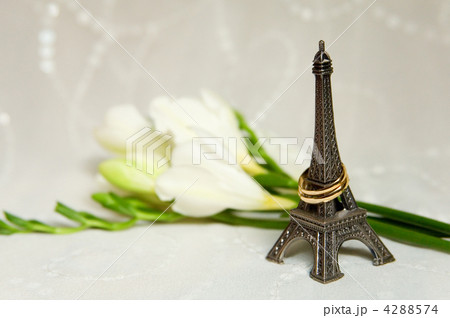 Just married in Paris. Two wedding rings with flowers, bridal ve 4288574