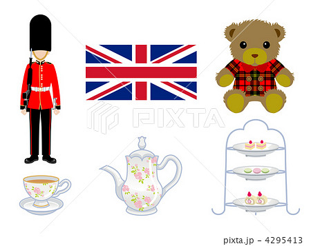 イギリス国旗 テディベア ティーセット 衛兵のイラスト素材