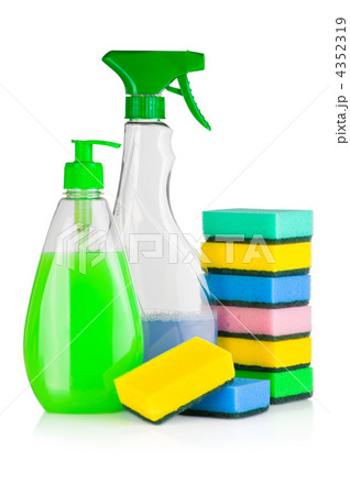 House cleaning supplies. Plastic bottles with detergent and spon 4352319