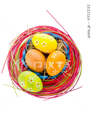 Easter background. Macro shot of painted eggs and easter decorat Easter background. Macro shot of painted eggs and easter decorat 4352532