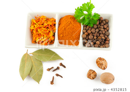 Spices. Mix of different herbs: pepper balls, saffron, chili, la 4352815