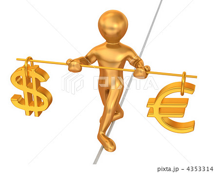 Man walking on a rope. Balance of dollar and euro. 3d 4353314