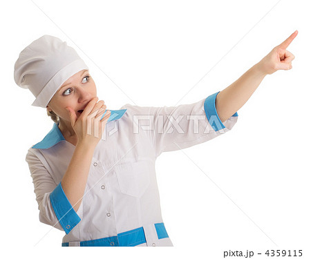 surprised woman doctor nurse pointed to the empty white space surprised woman doctor nurse pointed to the empty white space 4359115