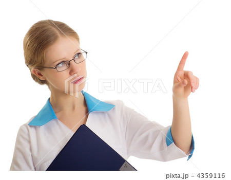 woman doctor presses on a virtual button or shows an empty white 4359116