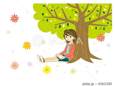 木陰で本を読む女性のイラスト素材