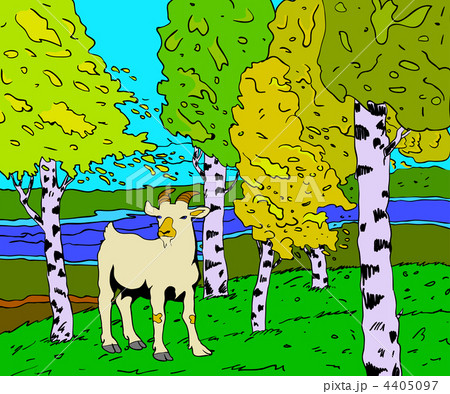 autumn sunny landscape with forest river  and goat - vector illu 4405097