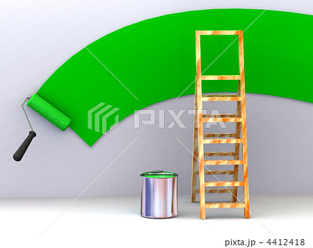 Ladder, roller brush, bucket. Space for text 4412418
