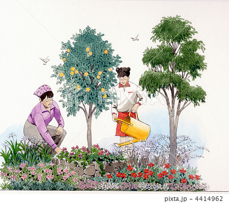 花壇に水やりする人物のイラスト 花の手入れをする人物のイラスト 会話 親子 花壇の手入れのイラスト素材