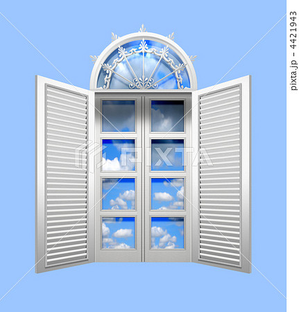半円窓 観音開きの洋風窓 窓の中の青空 正面 Cg 水色背景のイラスト素材