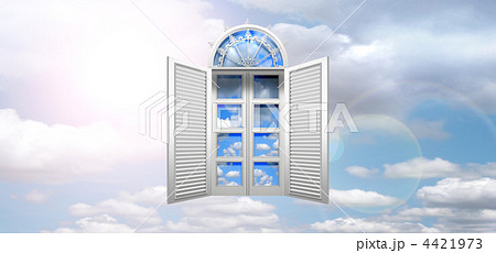 半円窓 観音開きの洋風窓 正面 Cg 窓の中の雲 逆光 左上 青空背景 横長画面のイラスト素材