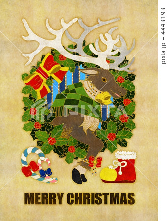 クリスマスカード用イラスト（トナカイとクリスマスリース） 4443193