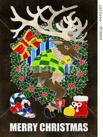 クリスマスカード用イラスト（トナカイとクリスマスリース） 4443197