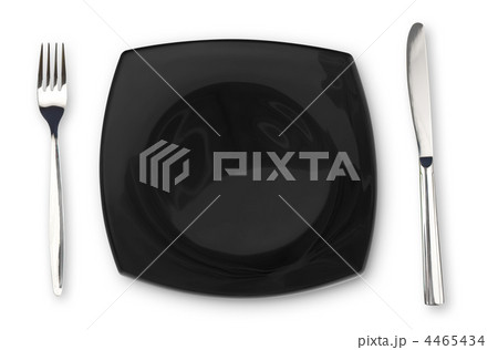 Black square plate fork and knife isolated on white 4465434