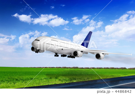 Modern airplane in Airport. Take off on runway. Modern airplane in Airport. Take off on runway. 4486842