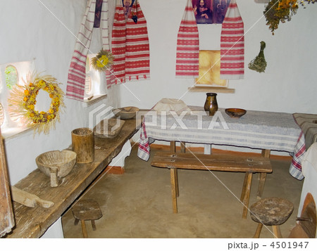 Interior of an one-room, typical Ukrainian hut. 4501947