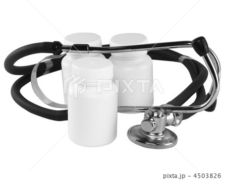 Stethoscope with medicine bottles on white. Stethoscope with medicine bottles on white. 4503826