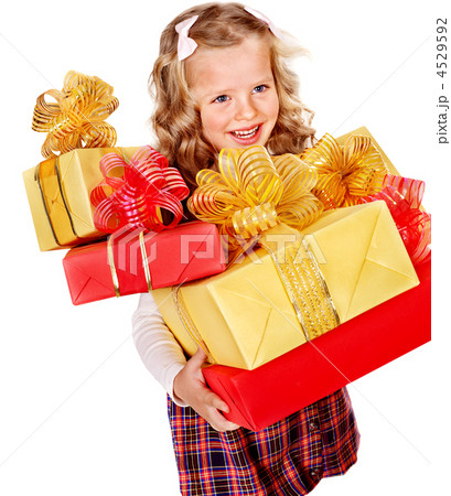 Child with group gift box on birthday. 4529592