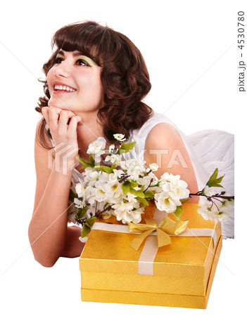 Beautiful girl with red gift box and flower. 4530780