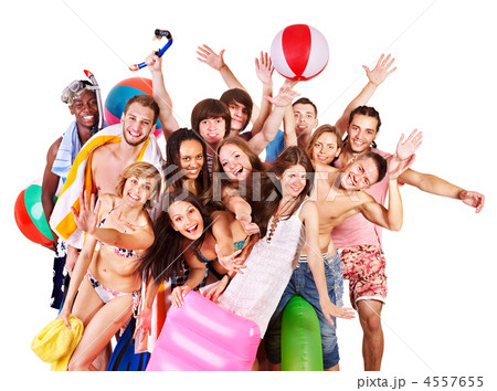 Group people holding beach accessories. 4557655