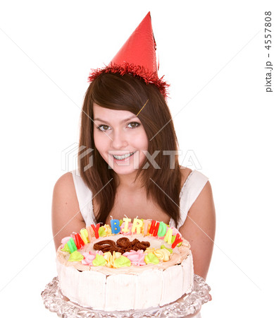 Happy birthday girl with cake. 4557808
