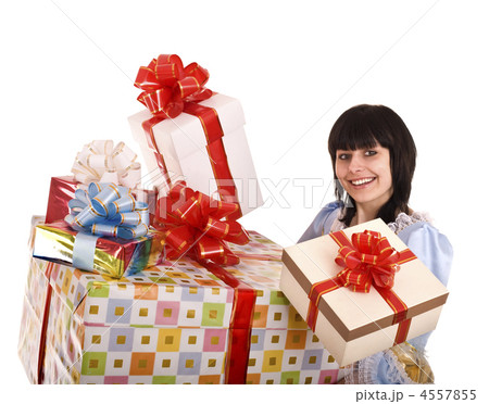Beautiful woman with group of gift box. . 4557855