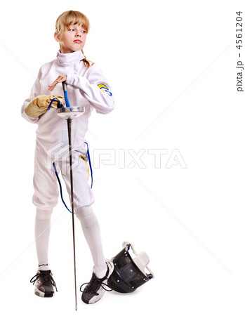 Child in fencing costume holding epee . Child in fencing costume holding epee . 4561204