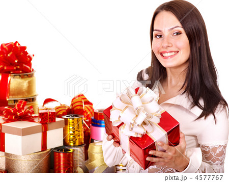 Girl with group of color gift box. 4577767
