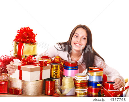 Girl with group of color gift box. 4577768