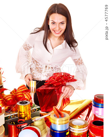 Girl with group of color gift box. 4577769