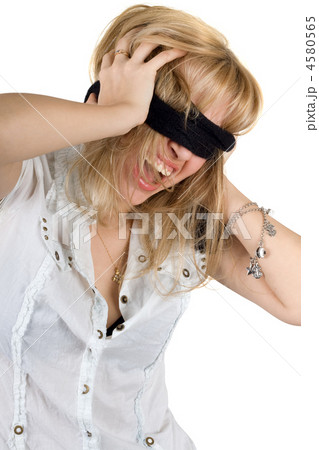 Shouting young woman blindfold. Isolated on white Shouting young woman blindfold. Isolated on white 4580565