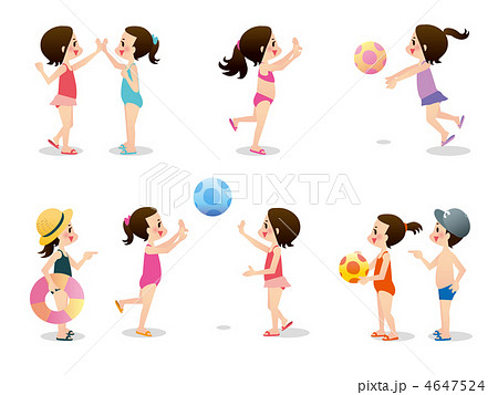 水着の男の子と女の子 ボール遊びのイラスト素材