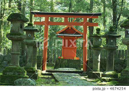 石燈籠と小さな赤い鳥居 春日大社 奈良県奈良市 の写真素材