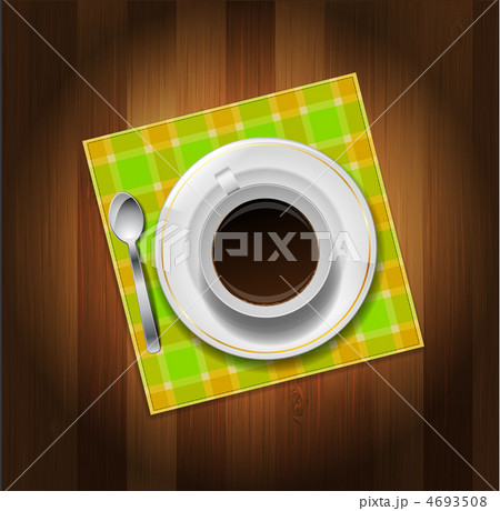 Cup of coffee, spoon and napkin on wooden background 4693508