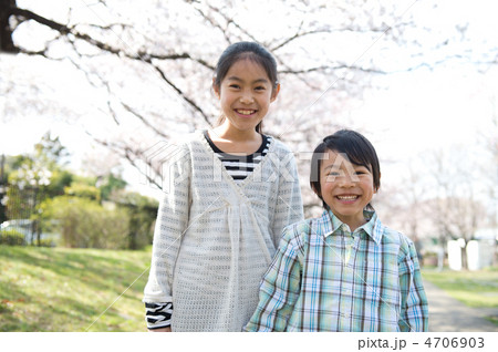 桜の中を歩く姉弟　 4706903