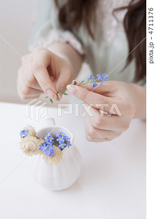 小さな花瓶に花を挿す女性の写真素材