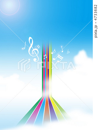 虹がのびる大空に音符が舞うのイラスト素材