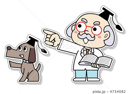 指を指す博士と犬のイラスト素材