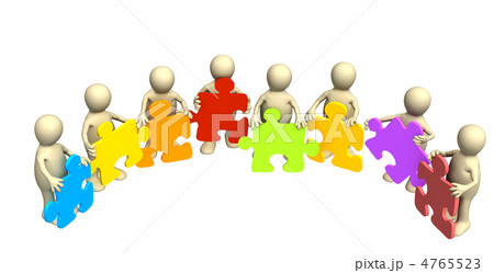 Eight puppets, holding in hands a puzzle of different color 4765523