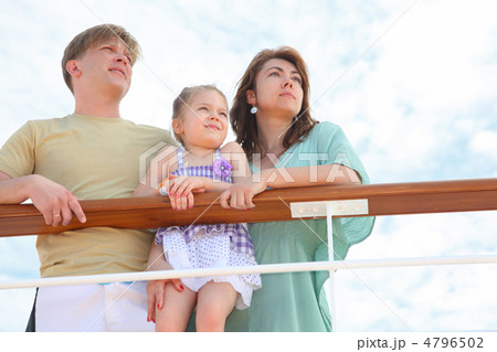 family with daughter standing on cruise liner deck near rail, ch 4796502