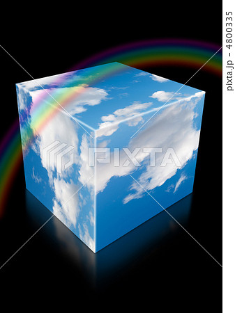 cloud sky cube with reflection and rainbow on black collage 4800335
