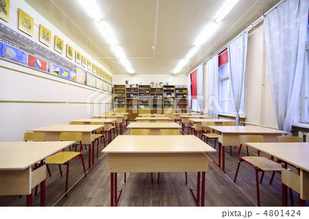 Tables and chairs in empty physics school class; educational pos 4801424