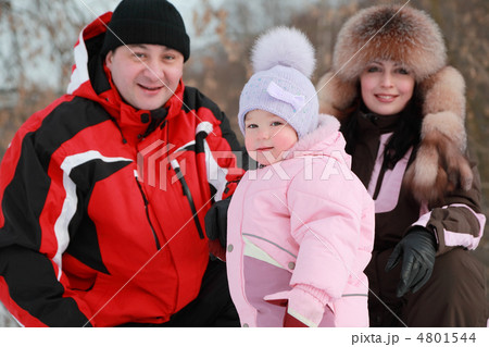 father, mother and little daughter at winter on nature, focus on 4801544
