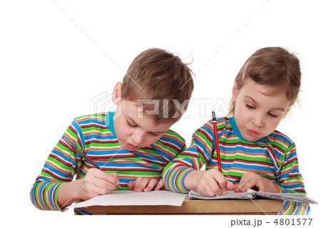 little brother and sister drawing, pencil, pen and notebook on t 4801577