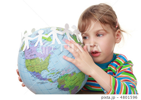 beautiful little girl in striped shirt play with garland of pape 4801596