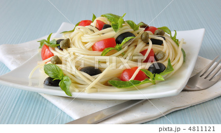 Spaghetti with tomato, capers and basil with olives 4811121
