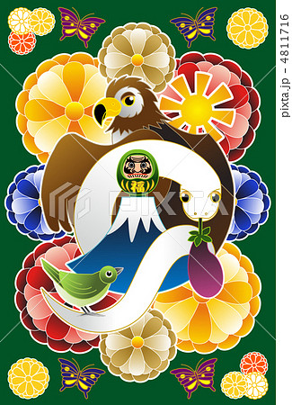 2013年巳年年賀状用イラスト素材（一富士二鷹三茄子カラフル緑地） 4811716