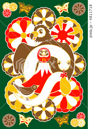 2013年巳年年賀状用イラスト素材（一富士二鷹三茄子赤黄茶緑地） 4811718