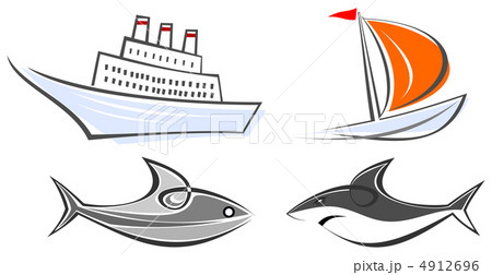 Set of marine icons - ocean liner, yacht, shark and fish 4912696